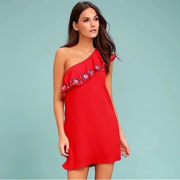 Lulu’s Alphina Embroidered One Shoulder Ruffle Mini Dress - Picture 1 of 10